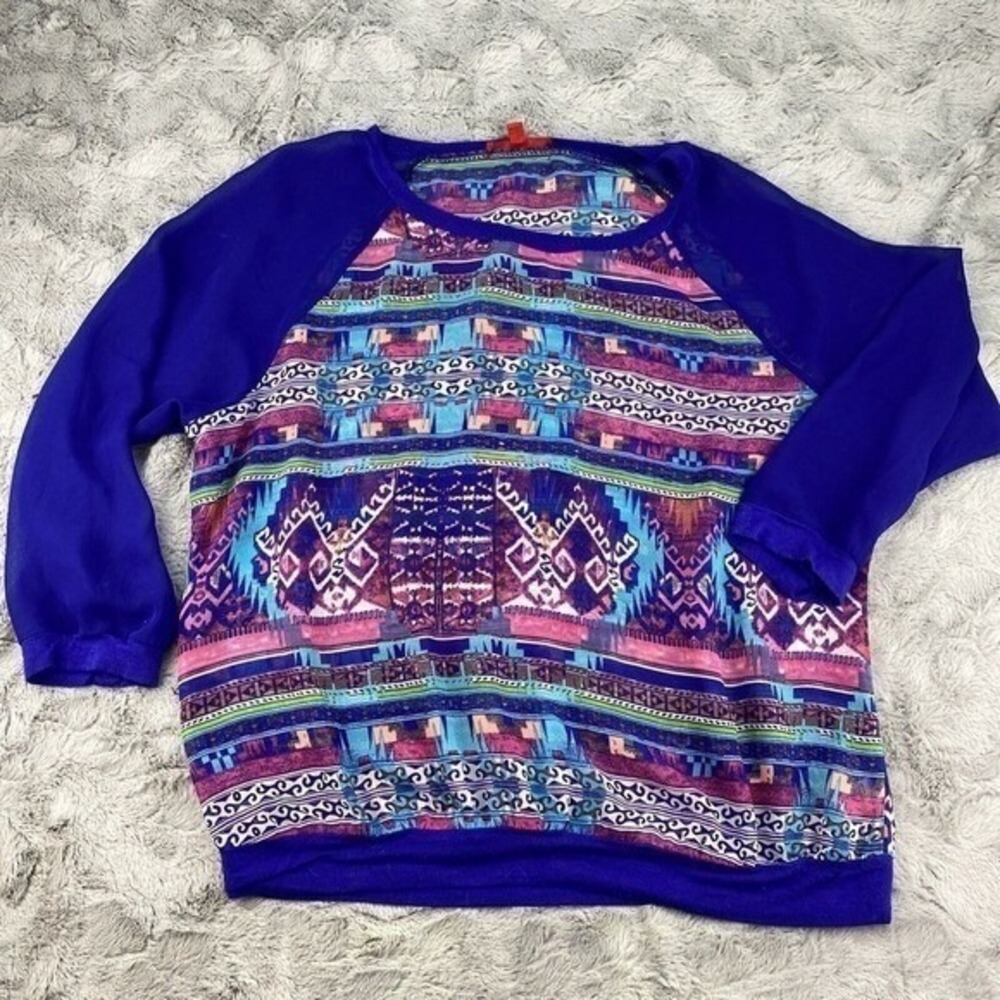Hot Kiss Womens Long Sleeve Top Size L Multicolor Geometric Print Chiffon tribal